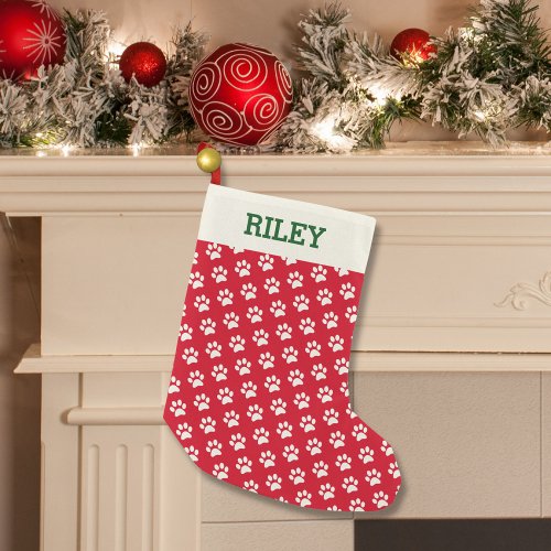 Dog or Cat Name Red Paw Print Personalized Xmas Small Christmas Stocking
