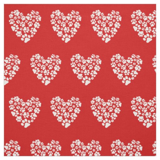 Dog or Cat Paw Prints Hearts Red and White Fabric