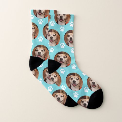 Dog or Pet Photo Paw Print Pattern Turquoise Socks