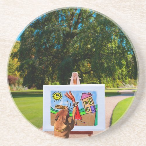 Dog Painting a Cartoon with brush in Garden Sandstone Coaster