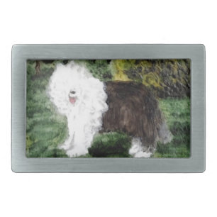Dog Painting Old English Sheepdog Rectangular Belt Buckle