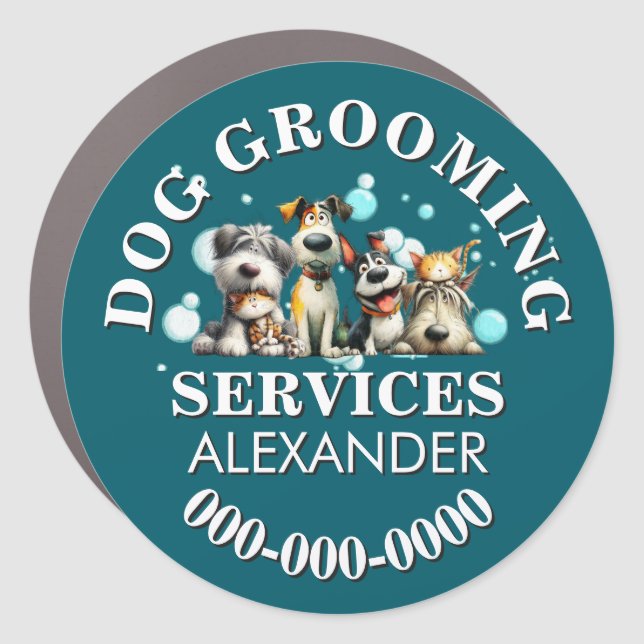 Dog parlor pet spa round business DIY blue Car Magnet (Front)