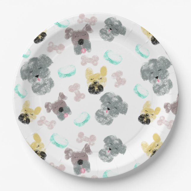 Dog Party Pattern Pink Blue Paper Plates (Front)