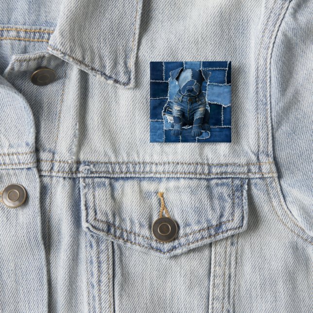Dog Patchwork Art Denim Button (In Situ)