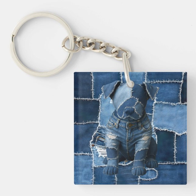 Dog Patchwork Art Denim Keychain (Front)