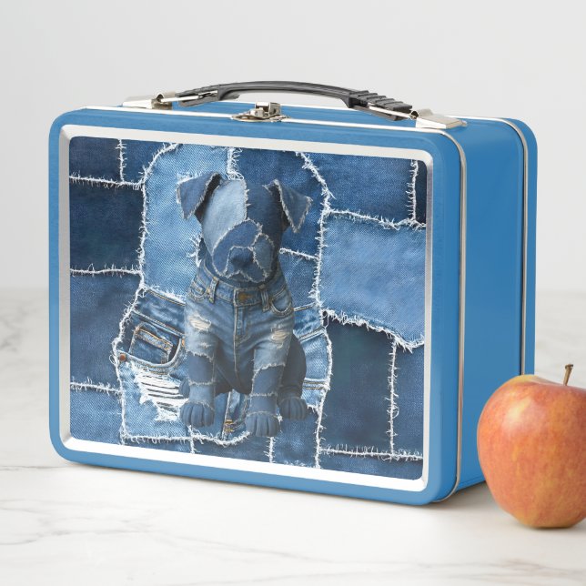 Dog Patchwork Art Denim Metal Lunch Box (In Situ)