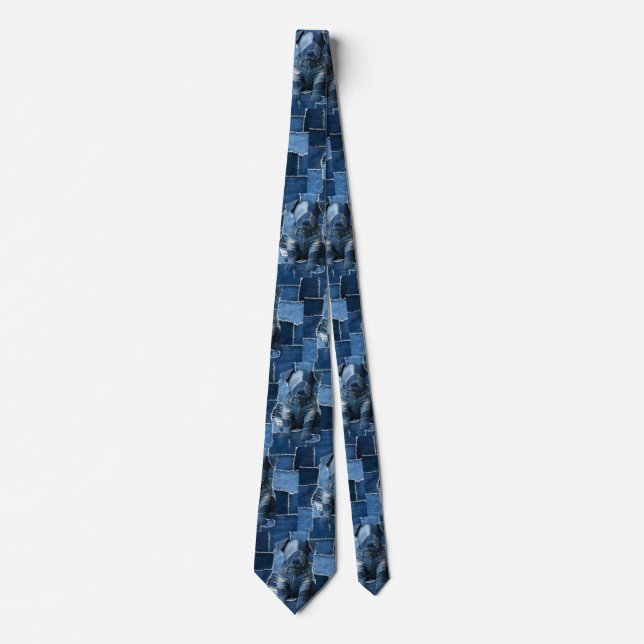 Dog Patchwork Art Denim Neck Tie (Front)