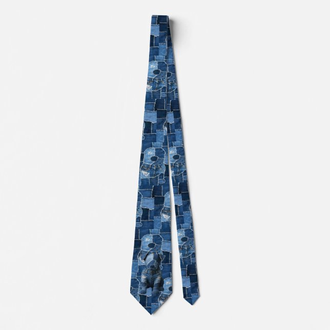Dog Patchwork Art Denim Neck Tie (Front)