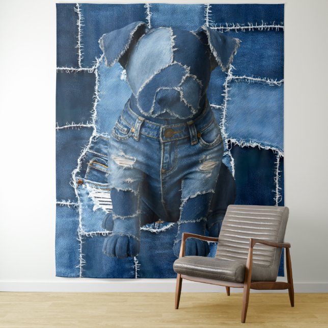 Dog Patchwork Art Denim Tapestry (In Situ)