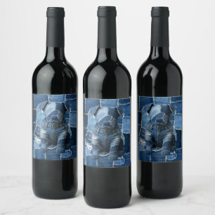 Dog Patchwork Art Denim Wine Label