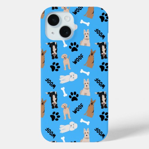 Dog Pattern on Light Blue Background iPhone 15 Case