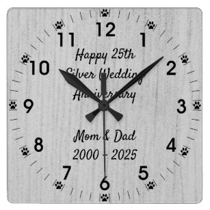 Silver Wedding Anniversary Wall Clocks Zazzle Dog Paw 25th Silver Wedding Anniversary Square Wall Clock