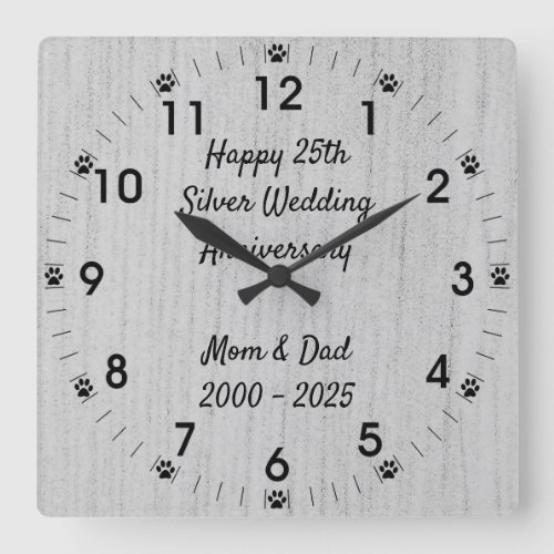 Dog Paw 25th Silver Wedding Anniversary Square Wall Clock