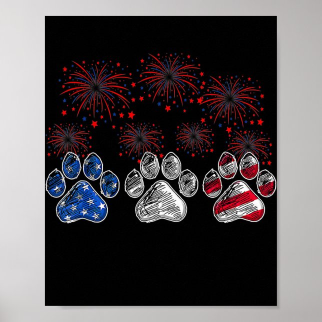Dog Paw American Flag Fireworks Dog Lovers 4th Of Poster (Front)