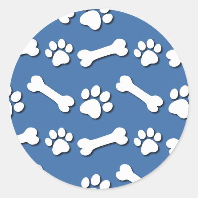 Dog Paw and Bones Pattern Blue Background V04 Classic Round Sticker (Front)