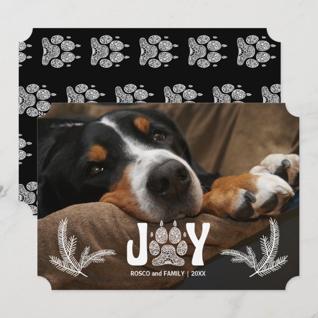 Dog Paw and Pines Pet Lover Horizontal Photo Holiday Card (Front/Back)