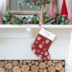 Dog paw and snow flakes Christmas Modern Red  Small Christmas Stocking