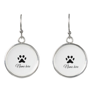 Dog paw black pet add name text animal paw photo earrings