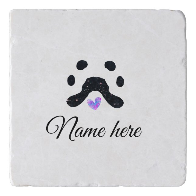 Dog paw black pet add name text animal paw photo trivet (Front)