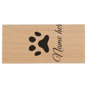 Dog paw black pet add name text animal paw photo wood flash drive