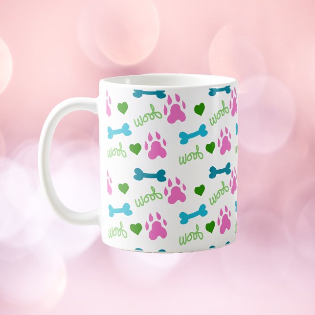 Dog Paw Bone Heart Woof Pattern Pink Coffee Mug (A mug with a pattern of dog paws, bones, hearts and woof)