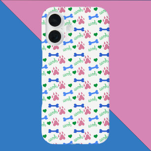 Dog Paw Bones Hearts Woof Pattern Pink Green Blue iPhone 16 Case