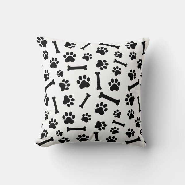 Dog Paw & Bones Seamless Pattern - Black & White Throw Pillow (Front)