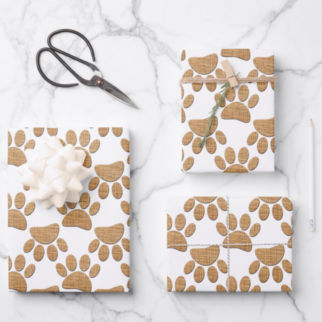 Dog Paw Burlap Print Wrapping Paper Sheets (Front)