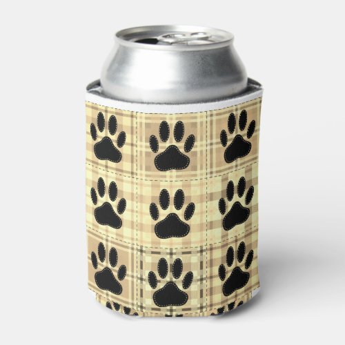 Dog Paw Cartoon Pattern Quilt In Sepia Can Cooler