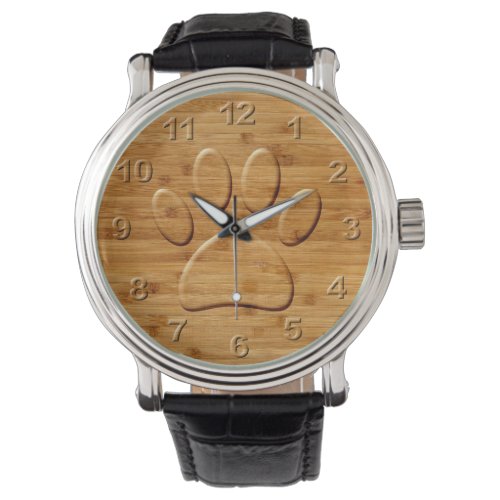 Dog Paw Carved Bamboo Print Watch