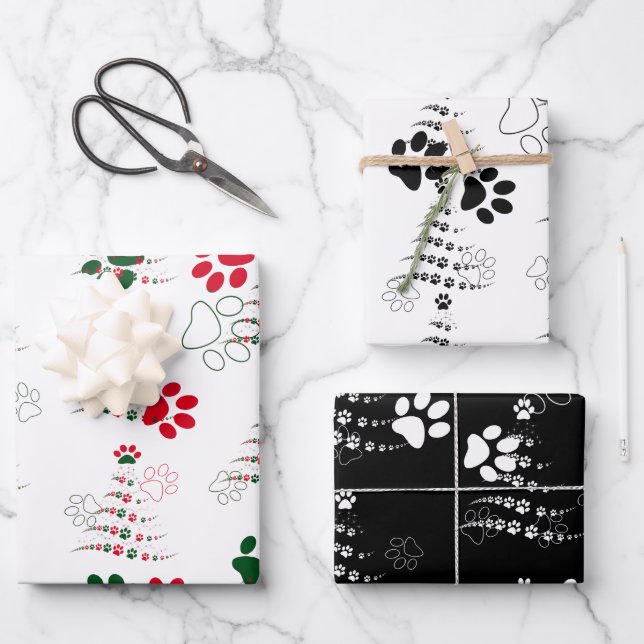 Dog Paw Christmas Tree Pattern Wrapping Paper Sheets (Front)