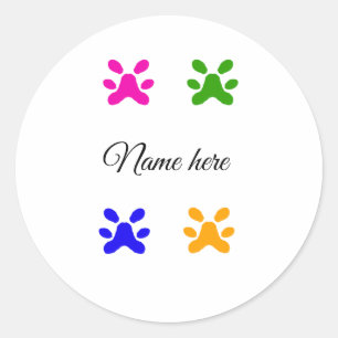 Dog paw colorful pet add name text animal paw classic round sticker