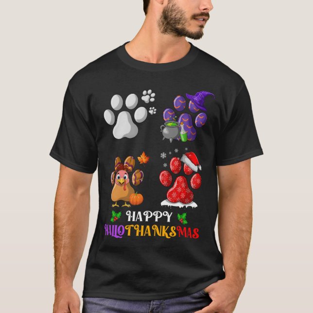Dog paw Cute Happy Hallothanksmas T-Shirt (Front)