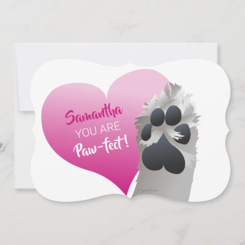 Dog Paw Cute with Pink Hearts Valentines Flat Holiday Card