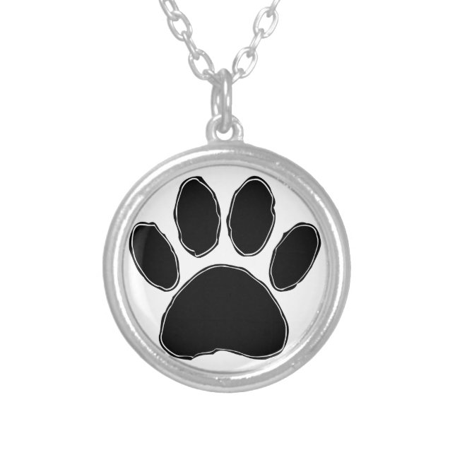 Dog Paw Drawing In Black Silver Plated Necklace (Front)