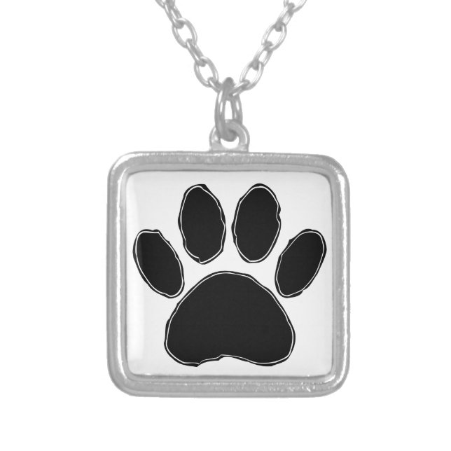 Dog Paw Drawing In Black Silver Plated Necklace (Front)