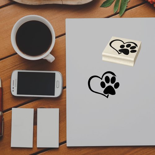 Dog Paw Heart Silhouette Rubber Stamp