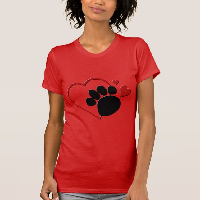 Dog Paw Hearts I Love My Dog Red Fine Jersey T-Shirt (Front)