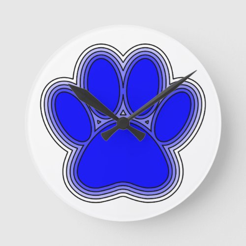 Dog Paw In Blue With Outlines Round Clock