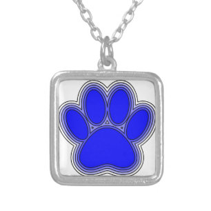 Dog Paw In Blue With Outlines Silver Plated Necklace