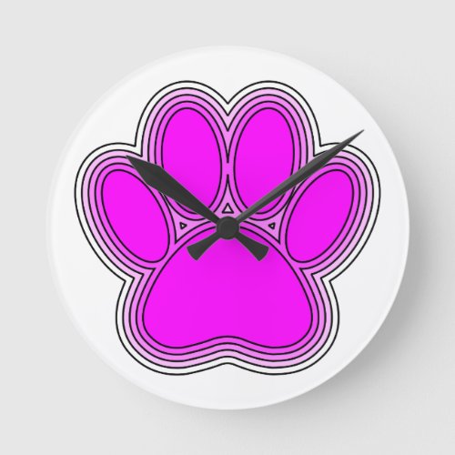 Dog Paw In Pink With Outlines Round Clock