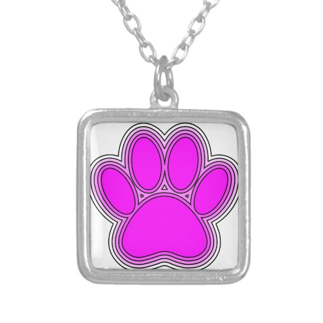 Dog Paw In Pink With Outlines Silver Plated Necklace (Front)