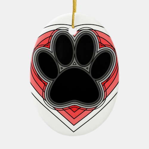 Dog Paw In Red Heart With Outlines Ceramic Ornament