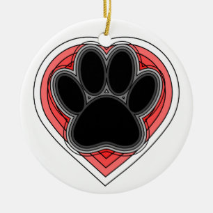 Dog Paw In Red Heart With Outlines Ceramic Ornament