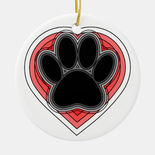 Dog Paw In Red Heart With Outlines Ceramic Ornament