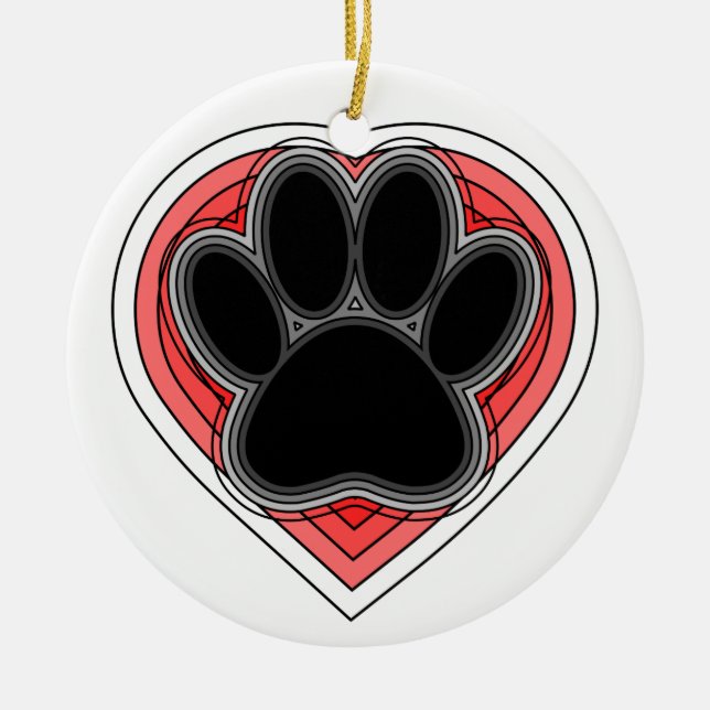 Dog Paw In Red Heart With Outlines Ceramic Ornament (Front)