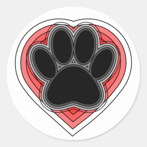 Dog Paw In Red Heart With Outlines Classic Round Sticker