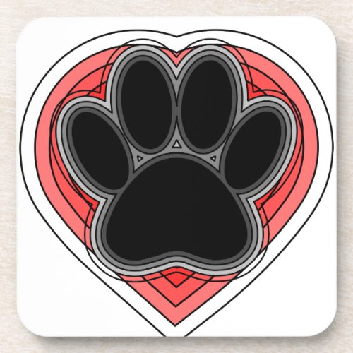 Dog Paw In Red Heart With Outlines Coaster