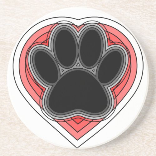 Dog Paw In Red Heart With Outlines Drink Coaster