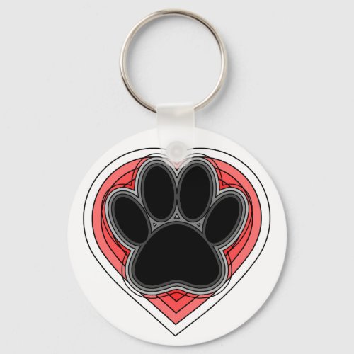 Dog Paw In Red Heart With Outlines Keychain